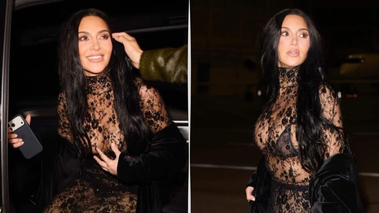 Kim Kardashian in a sheer black catsuit, as she reportedly heads out for a dinner dead with F1 champion Lewis Hamilton. 