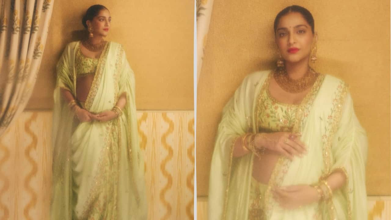 Sonam Kapoor flaunts her baby bump in a custom lime-green lehenga at her baby shower