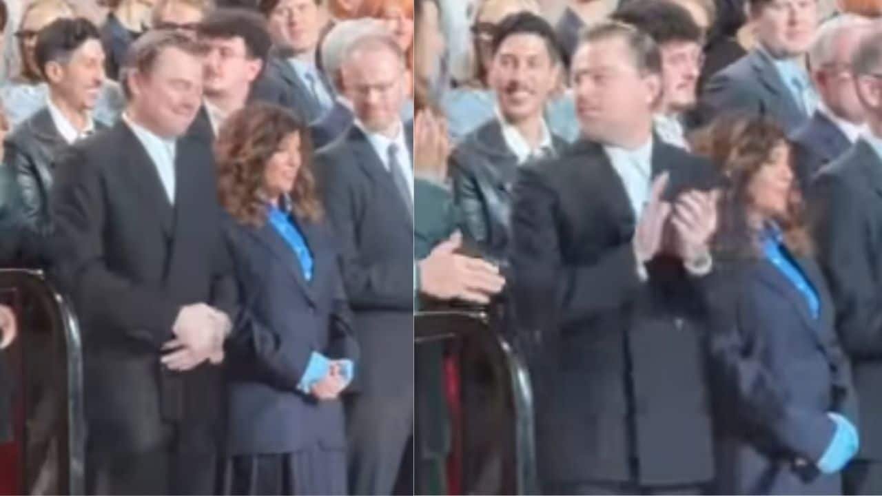 Leonardo DiCaprio walks the stage at star-studded Oscar Nominees luncheon, watch here