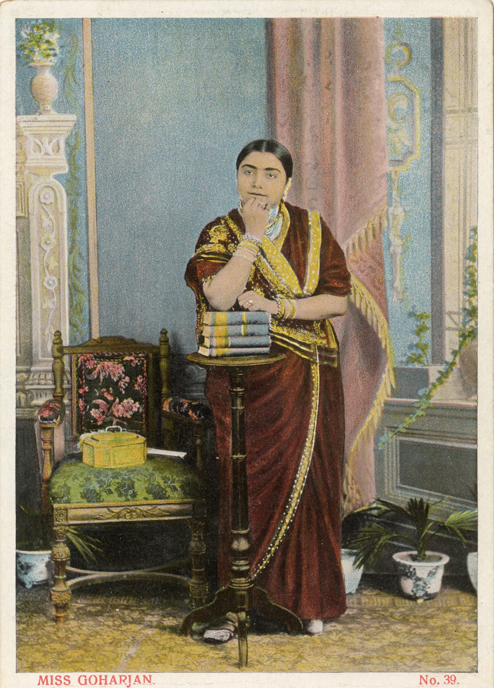 The popularity of this coloured halftone postcard of singer Gauhar Jaan, marketed by D.A. Ahuja, Rangoon, was a sign of her celebrity even then. (Image courtesy DAG)