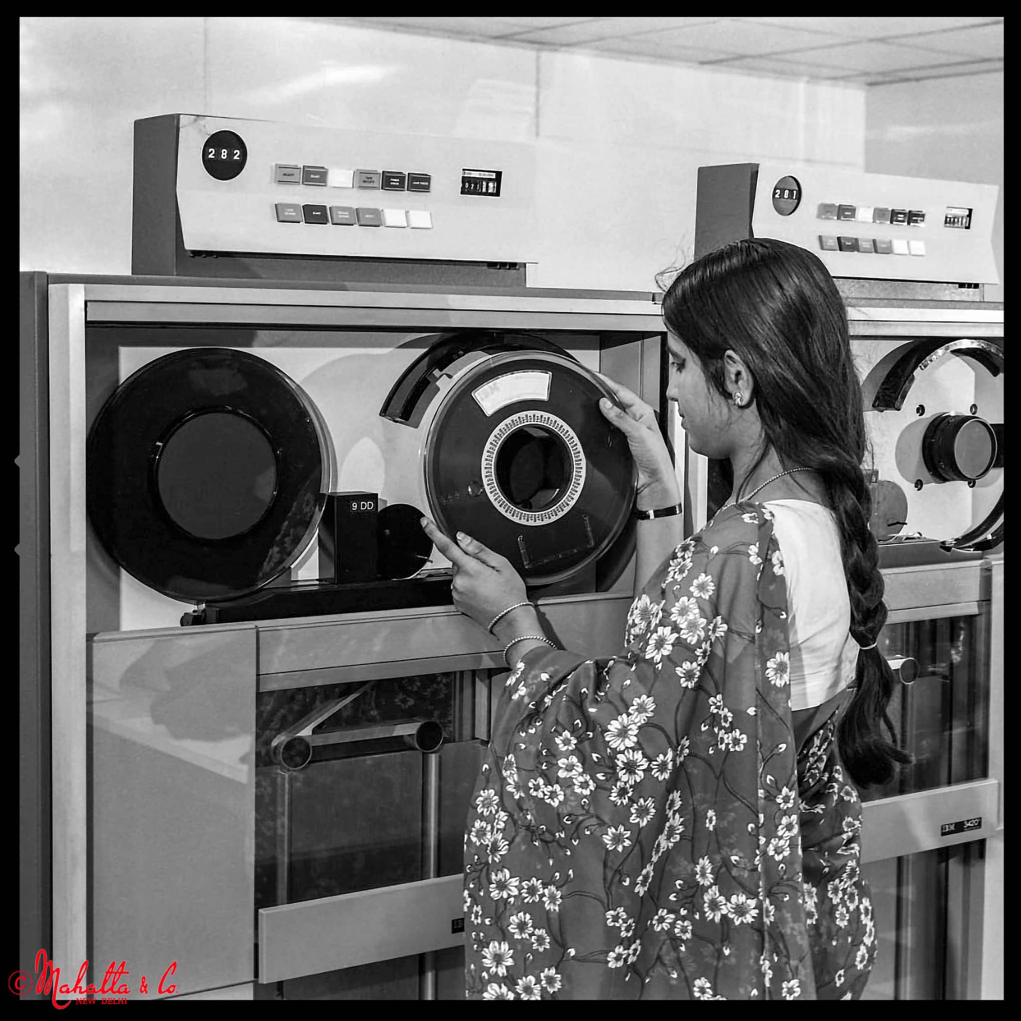 A woman operating an IBM computer, Pavan Mahatta recalls that this shoot was commissioned by IBM, but not done at an IBM facility. Other details about this image seem to have been lost in the process of migrating the photos and metadata files to newer drives over the years. (Photo courtesy Mahatta &amp; Sons)