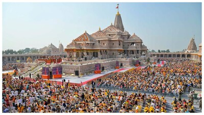 People attending the dhwajarohan ceremony at the Ram Temple in Ayodhya. (Courtesy: PTI photo)