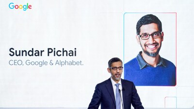 Google CEO Sundar Pichai addresses the gathering during the Google AI event, in New Delhi. (PTI Photo)