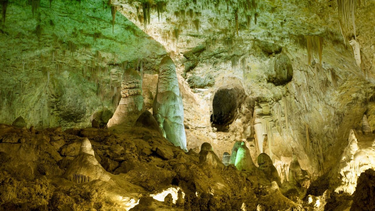 Neon green wall glows in pitch black New Mexico cave, scientists probe a 49 million year hidden world
