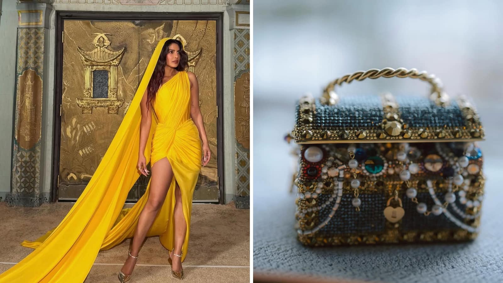 Priyanka Chopra dazzles in a yellow saree-gown with a thigh high slit, her sunken chest bag worth Rs 6 Lakh steals the show