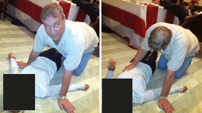 Britain's Prince Andrew kneels over a female in a combination of images released by the Department of Justice in Washington, D.C., U.S., on January 30, 2026 as part of a new trove of documents from its investigations into the late financier and convicted sex offender Jeffrey Epstein. 