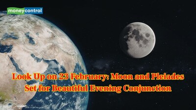 On 23 February, the Moon will appear close to the Pleiades star cluster in a beautiful evening sky conjunction. (Image: Canva)