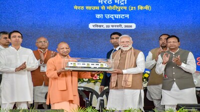 Prime Minister Narendra Modi and Uttar Pradesh Chief Minister Yogi Adityanath during the flagging off ceremony of the Meerut Metro and Namo Bharat train at Shatabdi Nagar Namo Bharat Station, in Meerut
