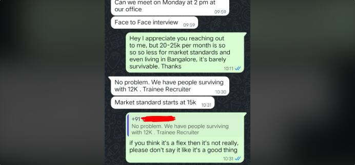 A screenshot of the exchange between the recruiter and the job seeker in Bengaluru. (Image credit: Reddit)