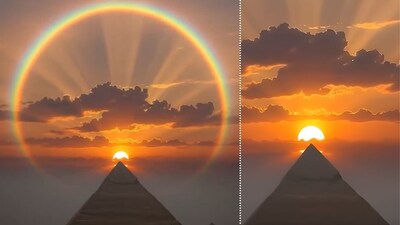 A viral video captures an incredible “solar halo” forming above the Great Pyramid of Giza. (Image: X/@astrooalert)