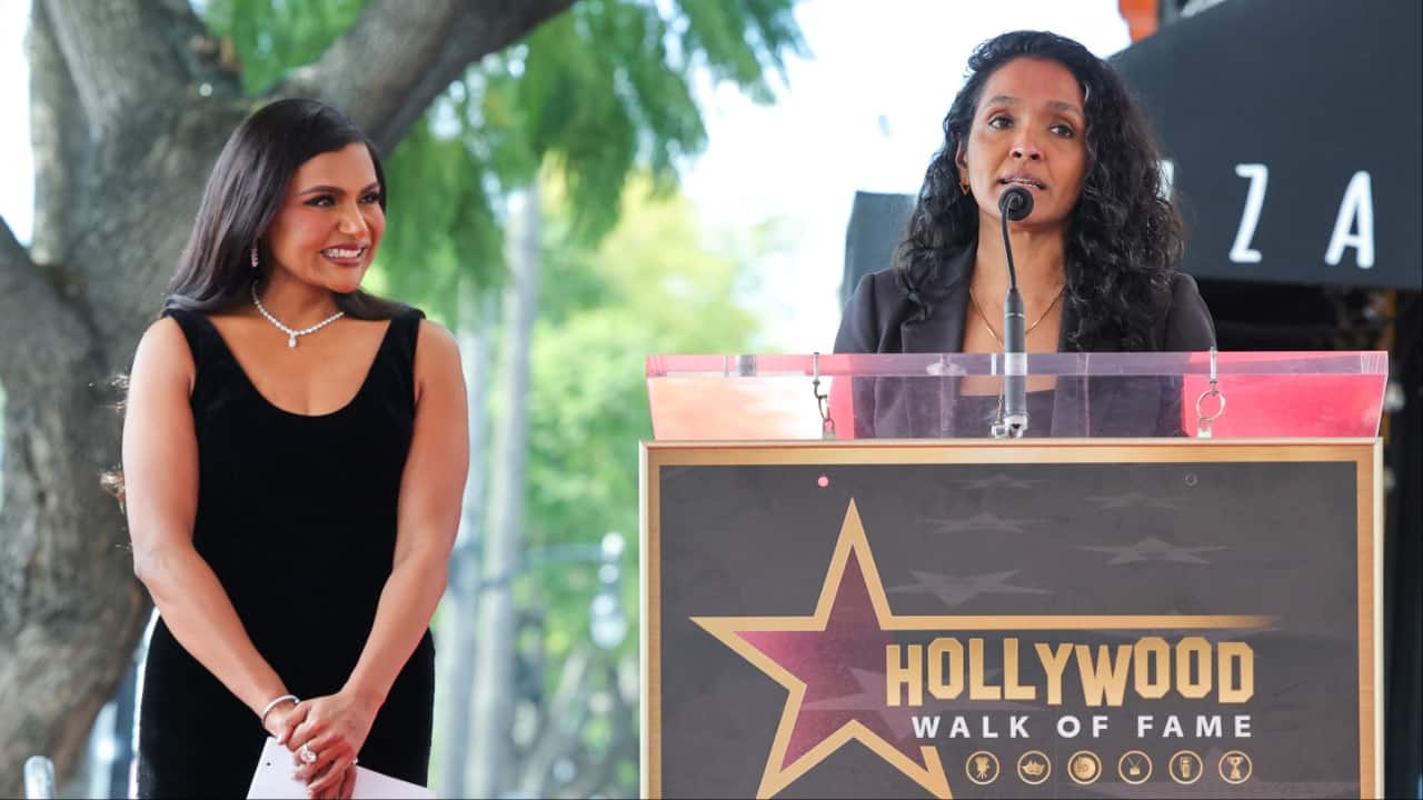 Actor Mindy Kaling and Nithya Raman speak onstage during Mindy Kaling's Hollywood Walk of Fame Star Ceremony on February 18, 2025 in Hollywood, California. (Image credit: AFP)