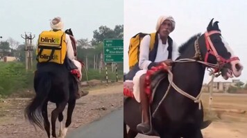 ‘Royal delivery in Rajasthan’: Elderly man rides horse with Blinkit backpack, leaves netizens amused