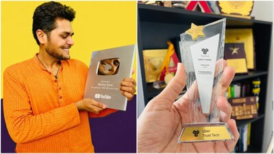 Akshay Saini runs a YouTube channel and is a mentor and founder at Namaste Dev. (Right) The performance award he received during his stint as a software developer at Uber. (Image credit: Akshay Saini)