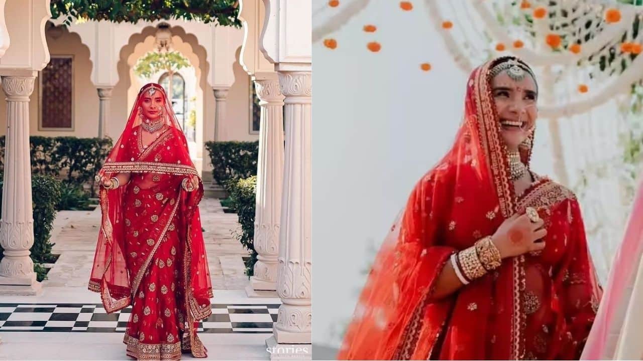 Patralekhaa Patralekhaa chose a red Sabyasachi saree for her wedding celebrations with Rajkummar Rao. The saree carried delicate embroidery and a personalised Bengali touch. Her minimal, elegant styling allowed the traditional weave to shine.