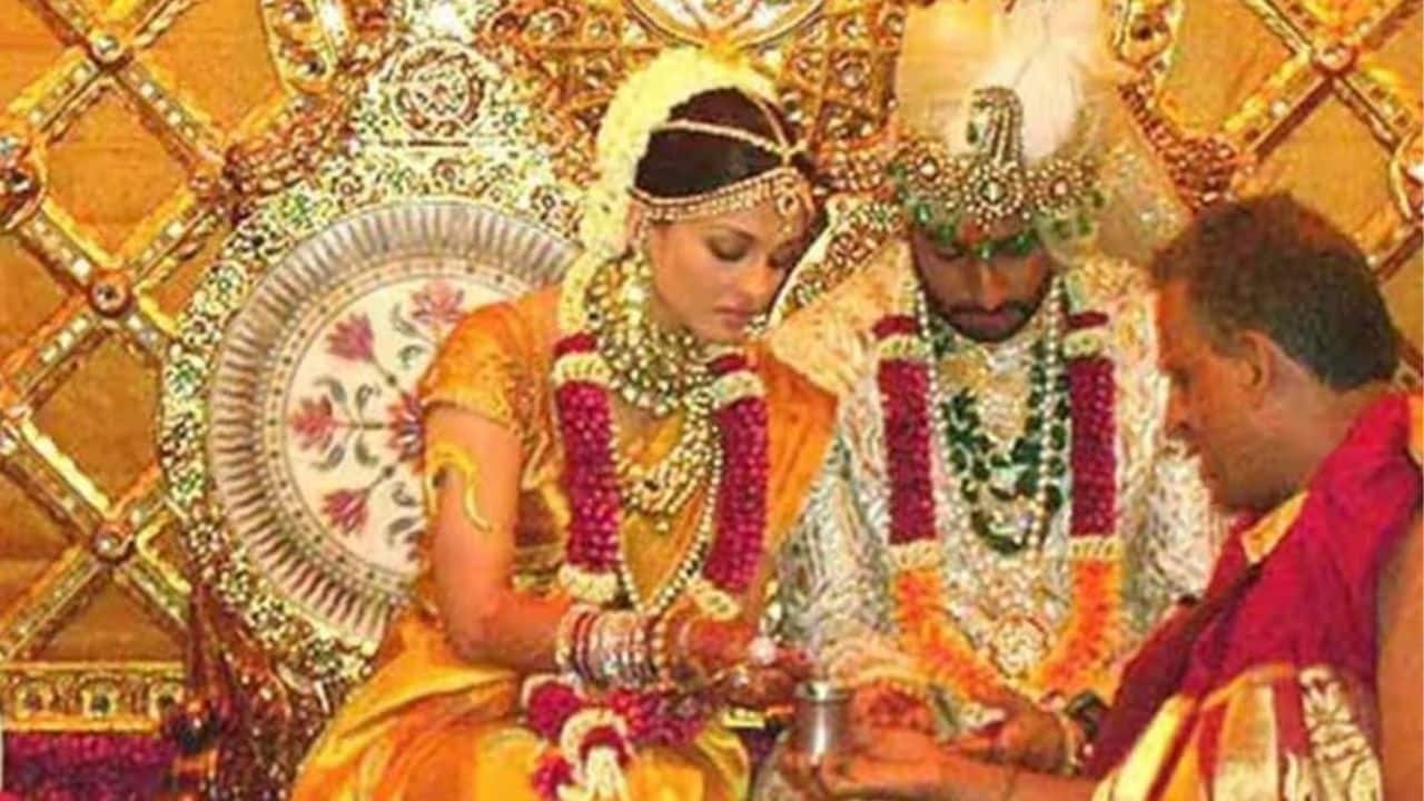 Aishwarya Rai Bachchan For her wedding to Abhishek Bachchan in 2007, Aishwarya Rai Bachchan wore a gold Kanjeevaram saree with red detailing. The heavily woven silk piece reflected South Indian bridal heritage. Her temple jewellery and traditional styling elevated the regal aesthetic.