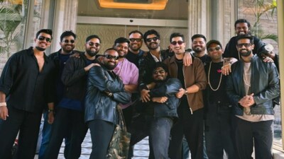 Anand Deverakonda and ‘the boys' squad pose with Vijay Deverakonda at the wedding
