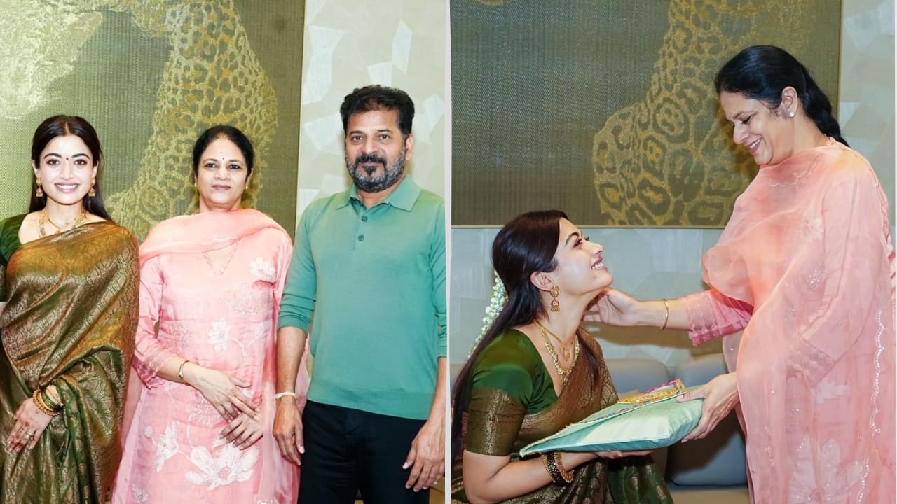 Rashmika Mandanna in olive green Kanjeevaram silk saree radiates glow of a newlywed bride
