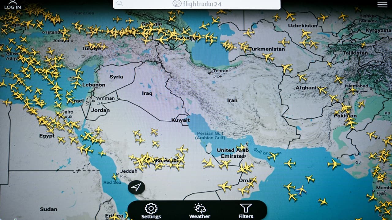 This photograph displays a page on the Flightradar 24 website thats shows civilian flights avoiding Iranian and Iraqi sky on March 1.