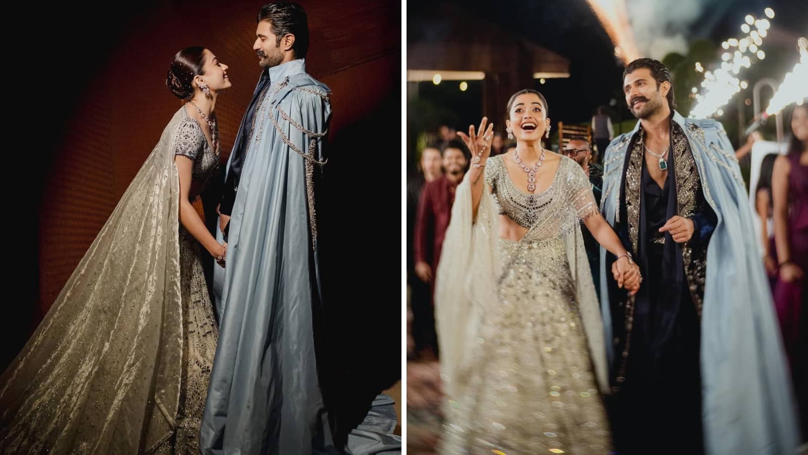  The Fashion Moment  Designed by Falguni Shane Peacock, their sangeeth dresses were bold yet romantic. Rashmika’s silver ensemble was intricate but not overwhelming. Vijay’s heavily embroidered jacket added royal drama. 