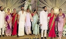 Rashmika Mandanna and Vijay Deverakonda pose with families at Hyderabad Reception, Actress’s mother's Kodava saree draws attention