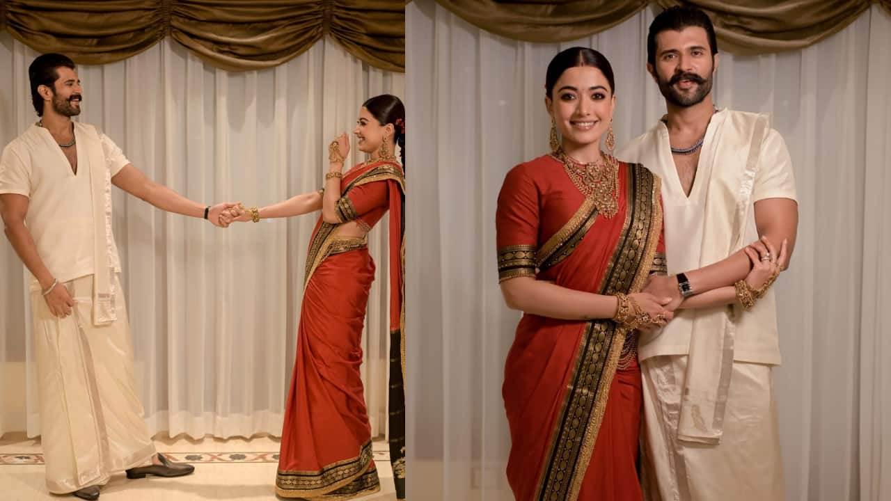 Rashmika Mandanna’s embroidered Mysore silk sari, Vijay Deverakonda’s Wadiyar jewellery at their reception makes heads turn