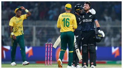 New Zealand's Finn Allen and Rachin Ravindra celebrate after the win against South Africa. (Courtesy: Reuters photo)