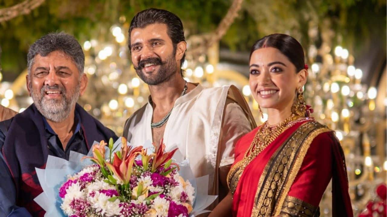 Karnataka Deputy CM D K Shivakumar attends Rashmika Mandanna, Vijay Deverakonda’s star-studded Hyderabad reception