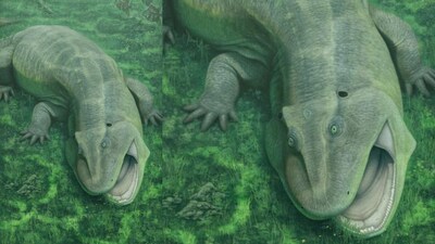 Scientists discovered a bizarre 275-million-year-old aquatic animal with sideways teeth and a twisted jaw in Brazil. (Image: By Vitor Silva)