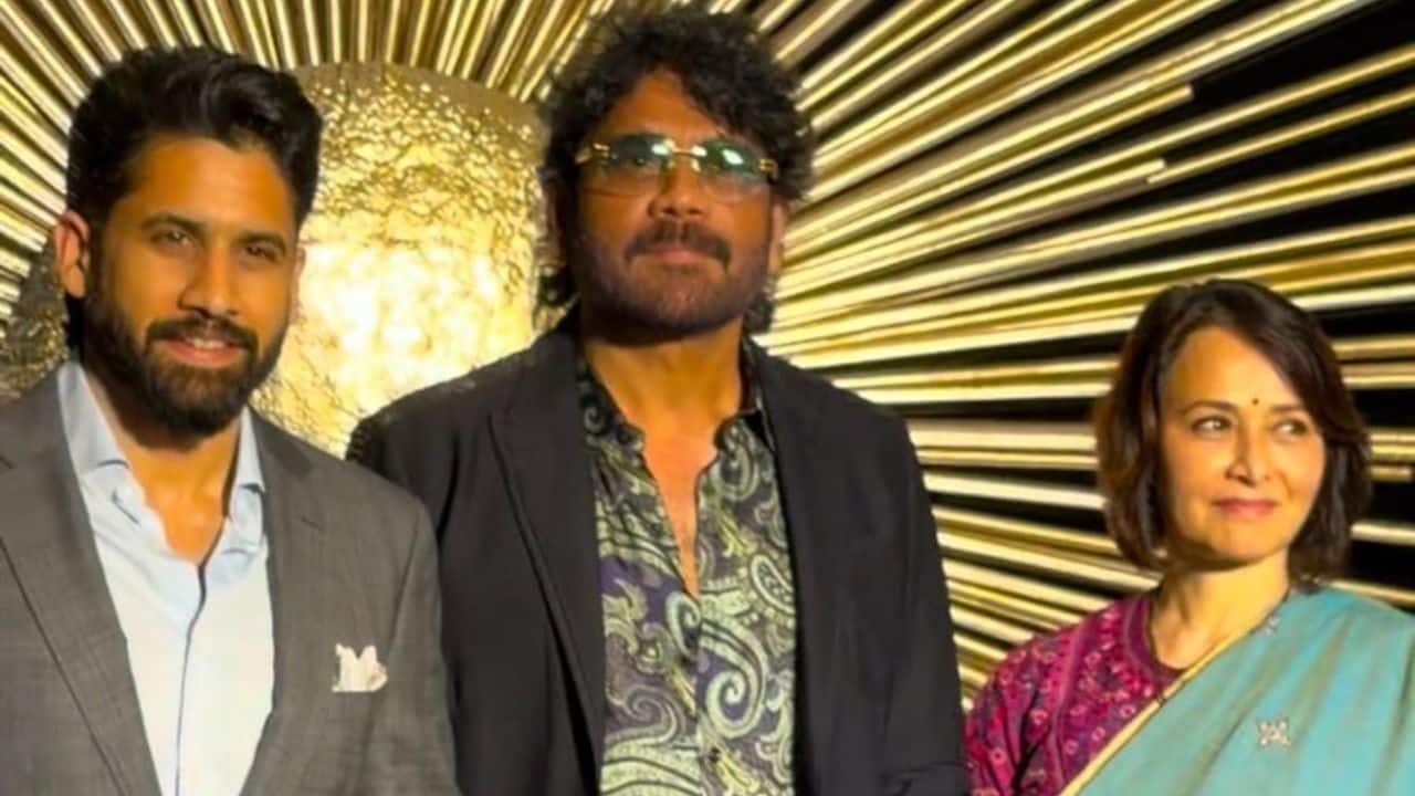 Nagarjuna and Family Veteran actor Nagarjuna attended the celebration with his family, including wife Amala Akkineni and son Naga Chaitanya. Nagarjuna kept his look sharp in a dark suit layered over a printed shirt. Naga Chaitanya opted for a well-tailored grey suit paired with a crisp white shirt and polished black shoes, while Amala added a soothing traditional touch in a graceful blue saree.
