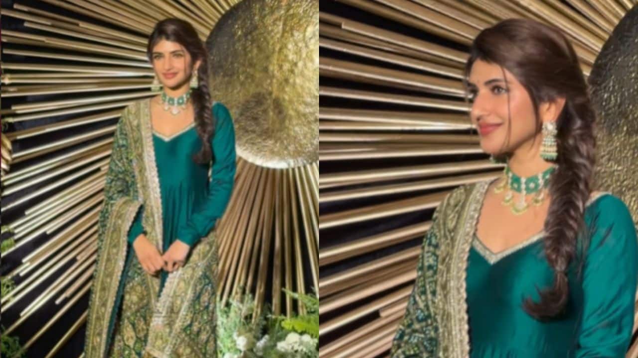Sreeleela Sreeleela wowed guests in an elegant green ensemble featuring a full-sleeved Anarkali kurta with a dramatic flared silhouette. She paired it with a matching Bandhani-style dupatta adorned with golden embellished borders, striking the perfect balance between festive tradition and contemporary style.