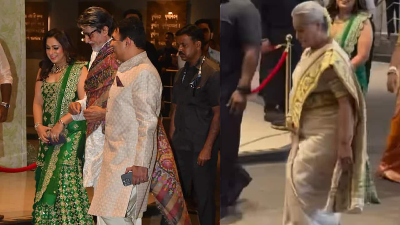 Amitabh Bachchan and Jaya Bachchan’s elegant presence Veteran actors Amitabh Bachchan and Jaya Bachchan looked elegant in traditional clothing. The famous couple gave the newlyweds a sincere blessing and a warm welcome to the Tendulkar family. Jaya Bachchan sported an ivory silk saree that exemplifies her classic and understated style. The saree features a broad, traditional border embellished with intricate gold zari work and prominent floral patterns in shades of green and yellow. Amitabh Bachchan and Jaya Bachchan’s elegant presence Veteran actors Amitabh Bachchan and Jaya Bachchan looked elegant in traditional clothing. The famous couple gave the newlyweds a sincere blessing and a warm welcome to the Tendulkar family. Jaya Bachchan sported an ivory silk saree that exemplifies her classic and understated style. The saree features a broad, traditional border embellished with intricate gold zari work and prominent floral patterns in shades of green and yellow.
