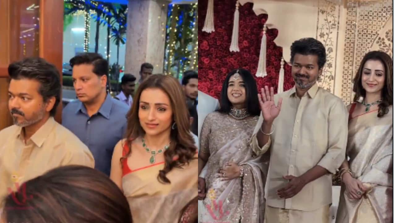 TVK chief Thalapathy Vijay, Trisha Krishnan attend Kalpathi Suresh’s son’s wedding reception together after actor's wife Sangeetha files divorce