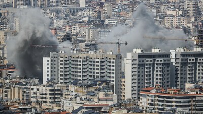 Smoke rises from the site of an Israeli airstrike that targeted an area in Beirut’s southern suburbs on March 6, 2026. (AFP)