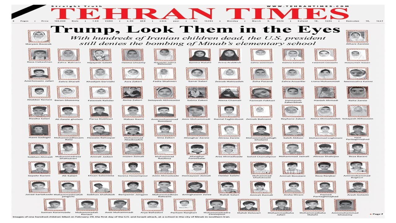 ‘Look into their eyes, Trump’: Tehran Times’ haunting front page on Minab school tragedy sparks global debate