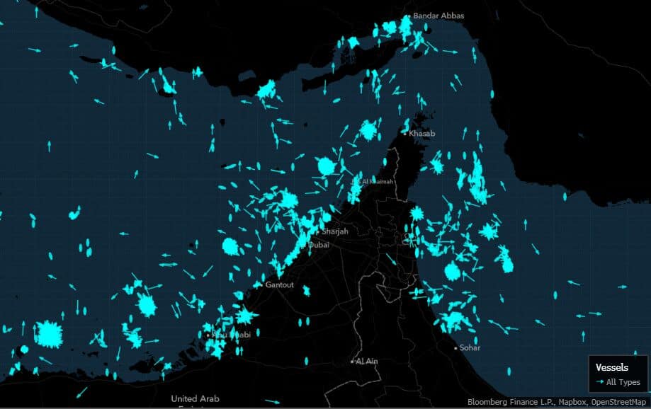 At least 12 clusters of ships--some with more than 200 vessels--were seen around the Strait of Hormuz. It's a sign of signal interference intensifying.