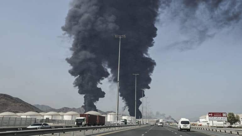 Smoke rises from a major energy installation in Fujairah, UAE, on March 14, after what appeared to be a strike on Gulf oil infrastructure hours after the US hit Iran’s Kharg Island.