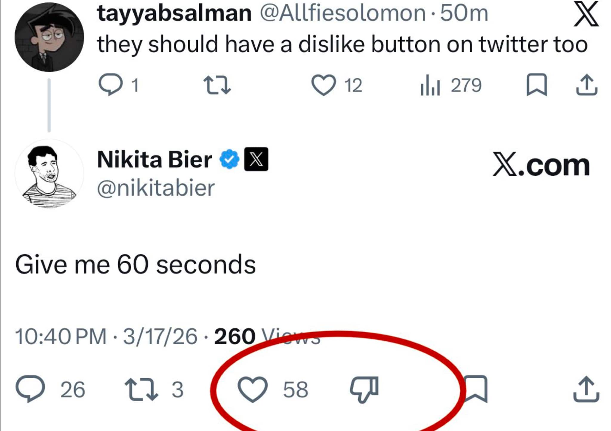 L'immagine che mostra il dislike su X