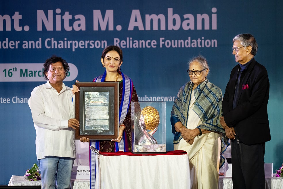 Mrs. Nita M. Ambani received the prestigious Humanitarian Award 2025 by the Kalinga Institute of Social Sciences