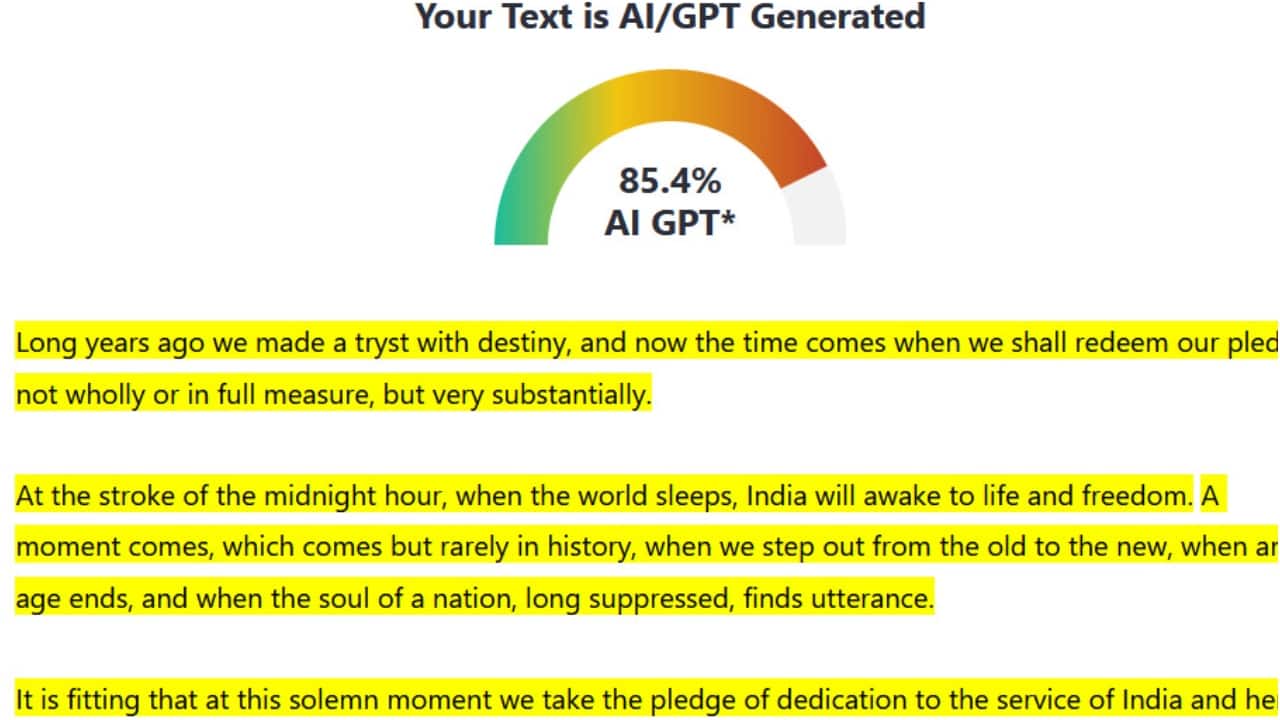 ZeroGPT flags Jawahar Lal Nehru’s independence speech 'Tryst with Destiny' as AI-generated