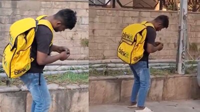Blinkit boy stands eerily still for hours, sparks concern online. (Image: @rishuraj_chd/X)

