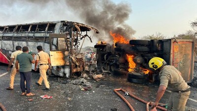 Andhra Bus Fire: 13 Burnt Alive After Collision with Lorry, Horrific Visuals Emerge