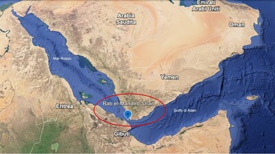 The Bab el-Mandeb Strait sits at a critical junction linking the Red Sea to the Gulf of Aden and, by extension, the Indian Ocean to the Mediterranean through the Suez Canal.