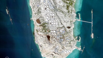 This handout satellite image taken by 2026 Planet Labs PBC shows a view of Iran's Kharg Island, which hosts the countrys main crude export terminal and is responsible for the overwhelming majority of its oil shipments to the world, about 30 kilometres south of the mainland in the north of the Gulf, on February 22, 2026. (Photo by 2026 Planet Labs PBC / AFP)