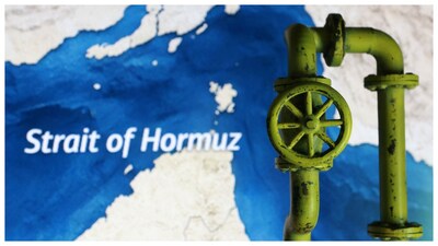 A map showing the Strait of Hormuz and a 3D printed oil pipeline seen in this illustration. (Courtesy: Reuters photo)