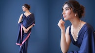 <br />Modern Minimal Chic<br />In a navy blue drape with subtle styling, Sara embraces a more contemporary and understated vibe. The clean silhouette, pearl jewellery, and soft makeup highlight her natural features. It’s a perfect blend of elegance and modern sophistication.