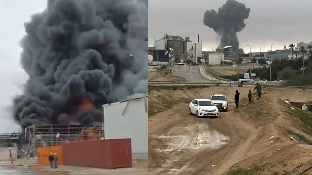 Watch: Thick black smoke billows after fire at Israel’s Neot Hovav industrial zone following missile debris impact