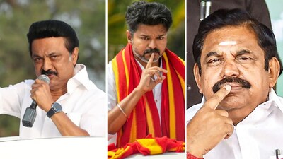 Chief Minister MK Stalin (L) led with 39.8%, just ahead of Edappadi K Palaniswami (EPS)  (R) at 38.8%, and Vijay at 13.6%, (C) the opinion poll found.