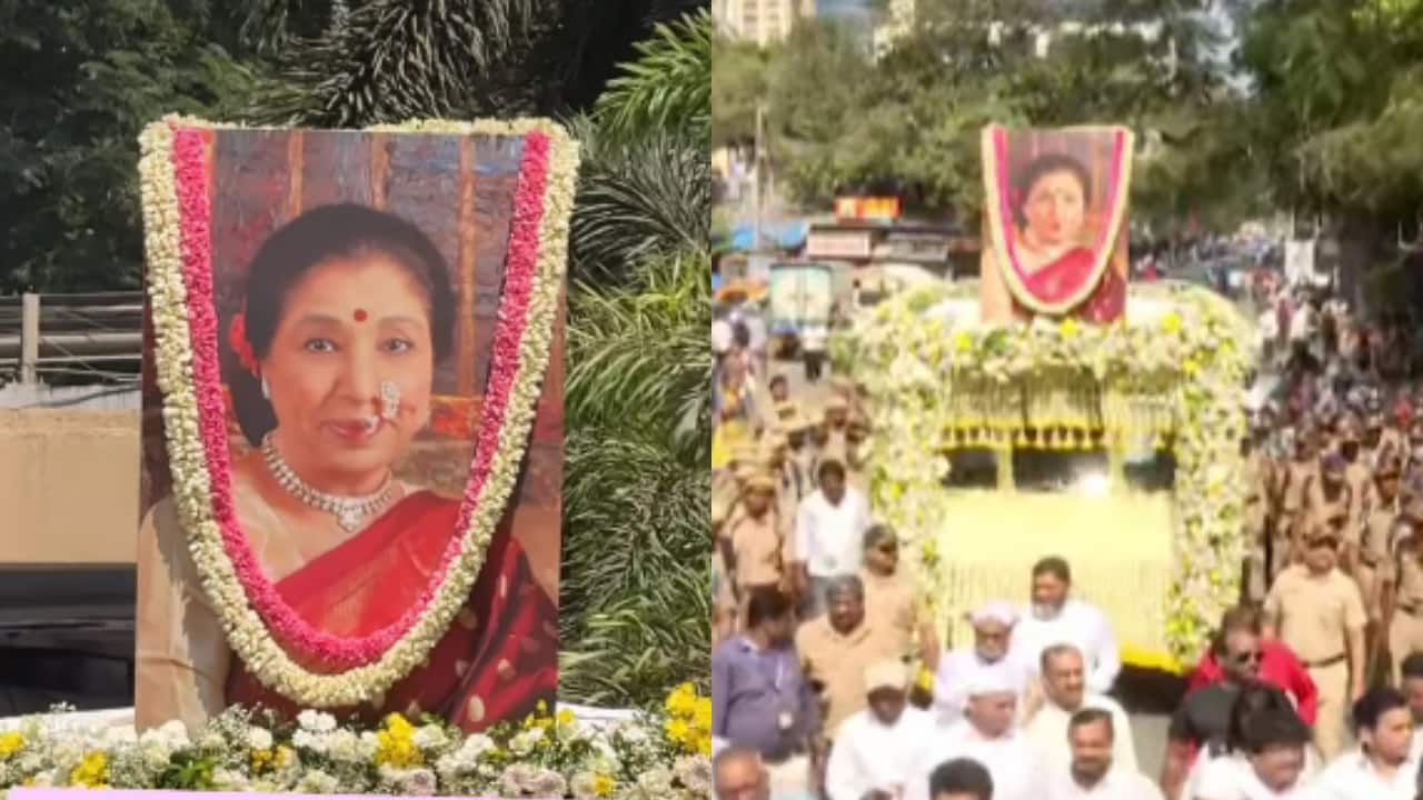 Asha Bhosle’s final journey in white floral-decorated truck with her portrait in Maharashtrian nath draws emotional farewell in Mumbai