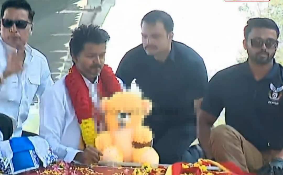 Watch: TVK chief Vijay holds teddy bear during roadshow as crowd cheers