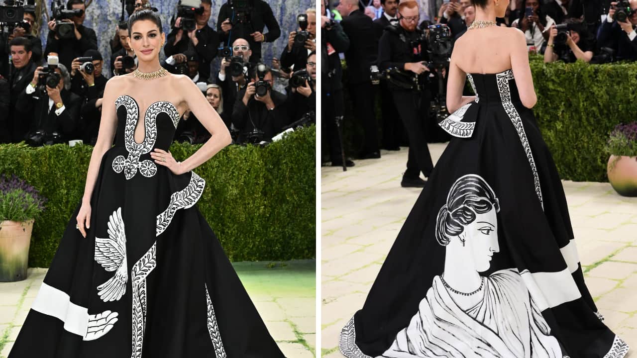 Anne Hathaway wears a hand-painted Michael Kors gown to 2026 Met Gala which  is inspired by a poem